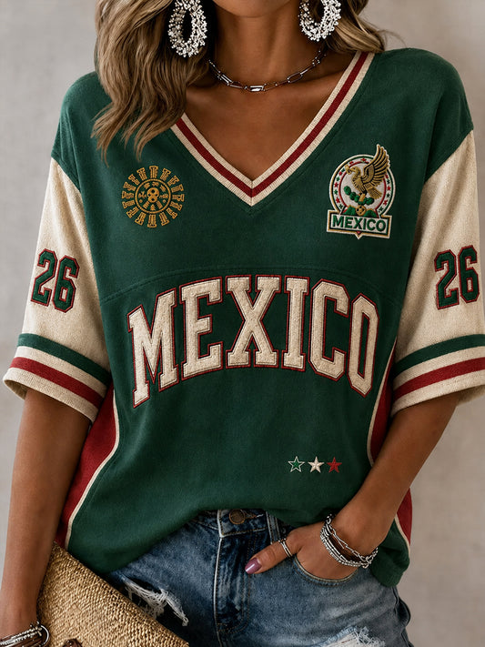Women's Gift For Football Fans Print Casual Mid-length Sleeves V-Neck T-Shirt