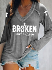 Women's Christian Cross Broken But Chosen Print V-neck  Long Sleeve Tee