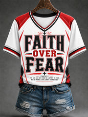 Women's Faith Over Fear Print Casual V-Neck Tee