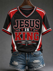 Women's Jesus Is King Print Casual V-Neck Tee