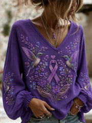 Women's Purple Floral & Hummingbird Print Alzheimer's Awareness Support V-Neck Tee