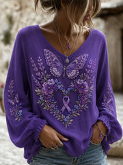 Women's Purple Floral & Hummingbird Print Alzheimer's Awareness Support V-Neck Tee