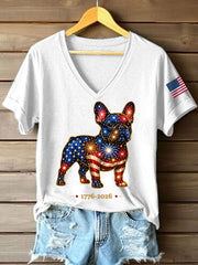 Women's Fireworks Dog Print Gift for Dog Lovers Casual V-Neck Tee