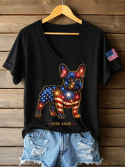 Women's Fireworks Dog Print Gift for Dog Lovers Casual V-Neck Tee