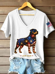 Women's Fireworks Dog Print Gift for Dog Lovers Casual V-Neck Tee