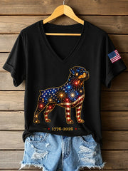 Women's Fireworks Dog Print Gift for Dog Lovers Casual V-Neck Tee