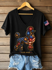 Women's Fireworks Dog Print Gift for Dog Lovers Casual V-Neck Tee