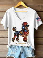 Women's Fireworks Dog Print Gift for Dog Lovers Casual V-Neck Tee