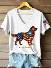 Women's Fireworks Dog Print Gift for Dog Lovers Casual V-Neck Tee