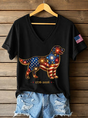 Women's Fireworks Dog Print Gift for Dog Lovers Casual V-Neck Tee