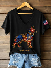Women's Fireworks Dog Print Gift for Dog Lovers Casual V-Neck Tee