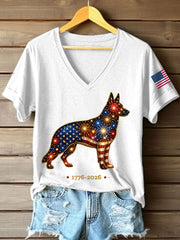 Women's Fireworks Dog Print Gift for Dog Lovers Casual V-Neck Tee