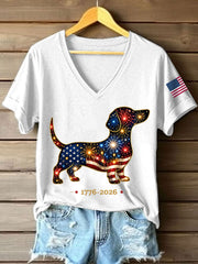 Women's Fireworks Dog Print Gift for Dog Lovers Casual V-Neck Tee
