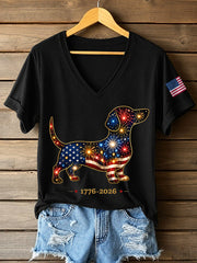 Women's Fireworks Dog Print Gift for Dog Lovers Casual V-Neck Tee
