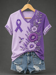 Women's Purple Floral & Hummingbird Print Alzheimer's Awareness Support V-Neck Tee
