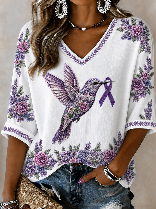 Women's Alzheimer's Awareness Support Purple Floral & Hummingbird Print  Linen V-Neck Shirt
