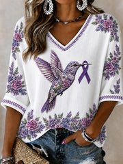 Women's Alzheimer's Awareness Support Purple Floral & Hummingbird Print  Linen V-Neck Shirt