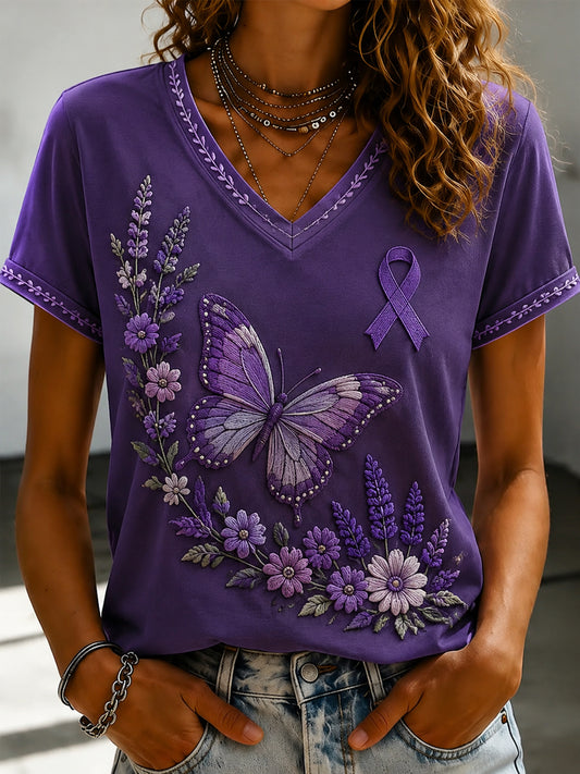 Women's Purple Flora Art Printed V-neck T-shirt