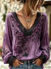 Women's purple floral print casual cotton-linen shirt
