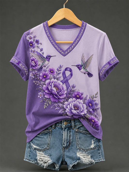 Women's Purple Floral & Hummingbird Print Alzheimer's Awareness Support V-Neck Tee