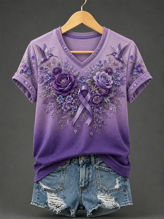 Women's Purple Floral & Hummingbird Print Alzheimer's Awareness Support V-Neck Tee