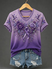 Women's Purple Floral & Hummingbird Print Alzheimer's Awareness Support V-Neck Tee