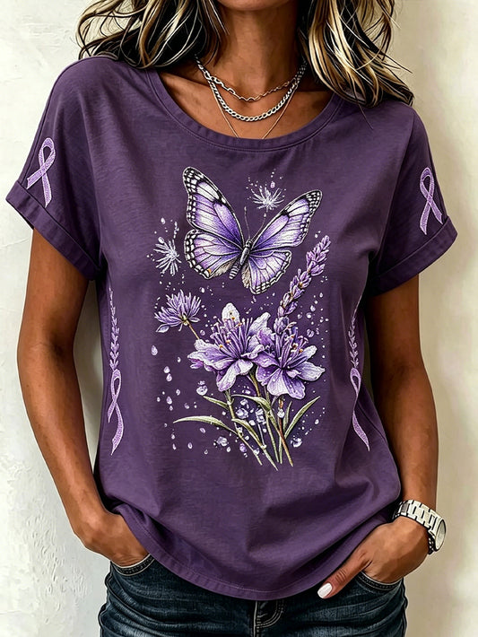 Women's purple floral print casual short-sleeved T-shirt