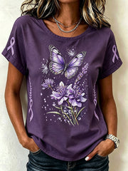 Women's purple floral print casual short-sleeved T-shirt