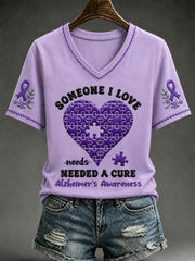 Women's Alzheimer's Awareness Dementia Support Purple Ribbon Print Short Sleeve T-shirt