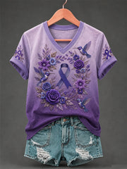 Women's Purple Floral & Hummingbird Print Alzheimer's Awareness Support V-Neck Tee