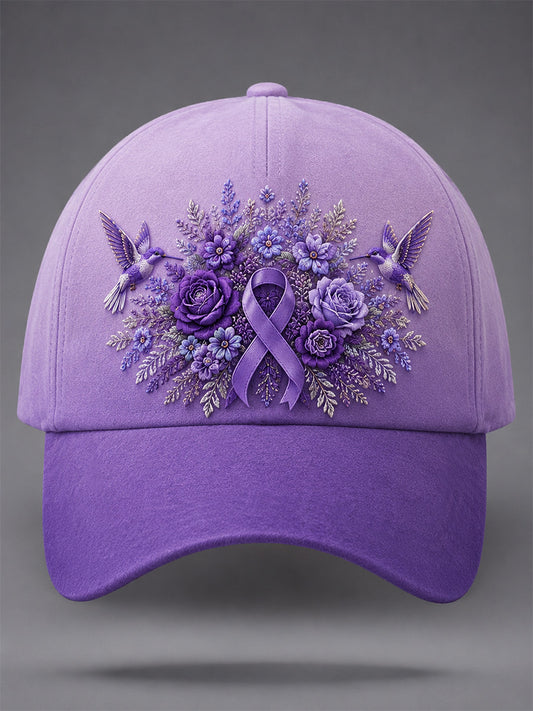 Unisex Purple Floral & Hummingbird Print Alzheimer's Awareness Support Hat