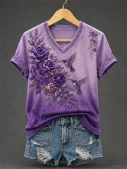 Women's Purple Floral & Hummingbird Print Alzheimer's Awareness Support V-Neck Tee
