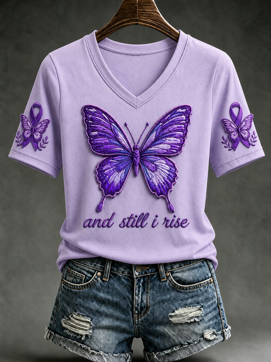 Women's Alzheimer's Awareness Dementia Support Purple Ribbon Butterfly Print Short Sleeve T-shirt