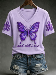 Women's Alzheimer's Awareness Dementia Support Purple Ribbon Butterfly Print Short Sleeve T-shirt