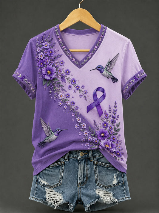 Women's Purple Floral & Hummingbird Print Alzheimer's Awareness Support V-Neck Tee