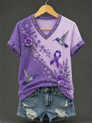 Women's Purple Floral & Hummingbird Print Alzheimer's Awareness Support V-Neck Tee