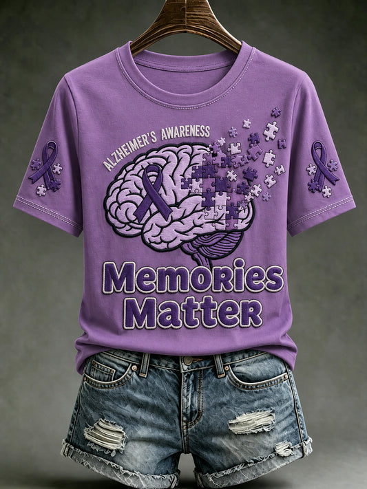Women's Alzheimer's Awareness Dementia Support Purple Ribbon Print Short Sleeve T-shirt
