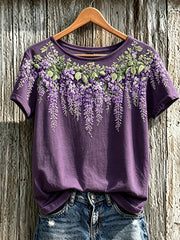 Women's Purple Plant Flower Pattern Printed Casual Short-Sleeved T-shirt