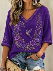 Women's Purple Floral & Hummingbird Print Alzheimer's Awareness Support V-Neck Tee