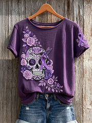 Women's Alzheimer Awareness Sugar Skull Floral Print short-sleeved T-shirt