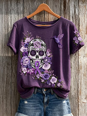 Women's Alzheimer Awareness Sugar Skull Floral Print short-sleeved T-shirt
