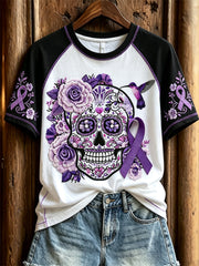 Women's Alzheimer Awareness Sugar Skull Floral Print Contrast Raglan short sleeve T-shirt