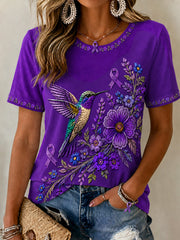 Women's Purple Floral & Hummingbird Print Alzheimer's Awareness Support Tee