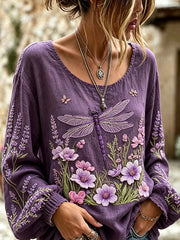 Women's Purple Flowers Pattern Printed Cotton-Linen Shirt