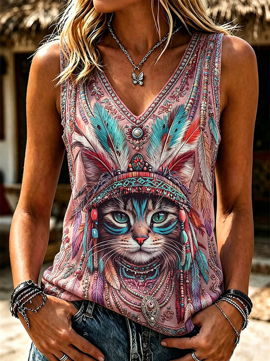 Women's Vintage Western Cat Ethnic Feathers Art Print V Neck Tank Top