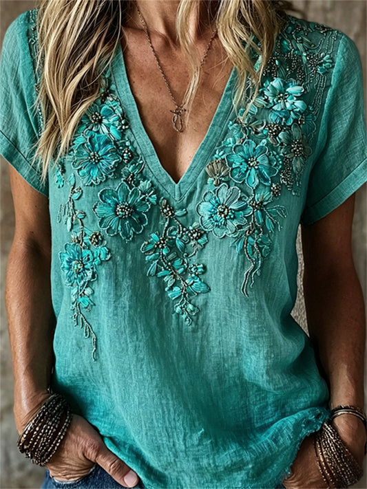 Women's Vintage Western Turquoise Floral Print linen short-sleeved T-shirt