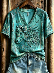 Women's Vintage Western Horse Ethnic Leather Art Print V-neck short-sleeved T-shirt