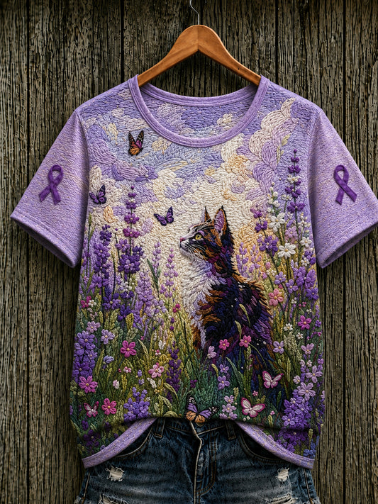 Women's Alzheimer's Awareness Support Purple Floral & Cat Print  Short-sleeved T-shirt