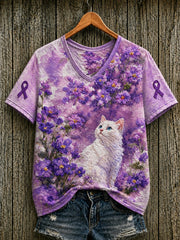 Women's Alzheimer's Awareness Support Purple Floral & Cat Print  Short-sleeved T-shirt