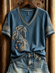 Women's Vintage Western Horse Ethnic Art Print V-neck short-sleeved T-shirt